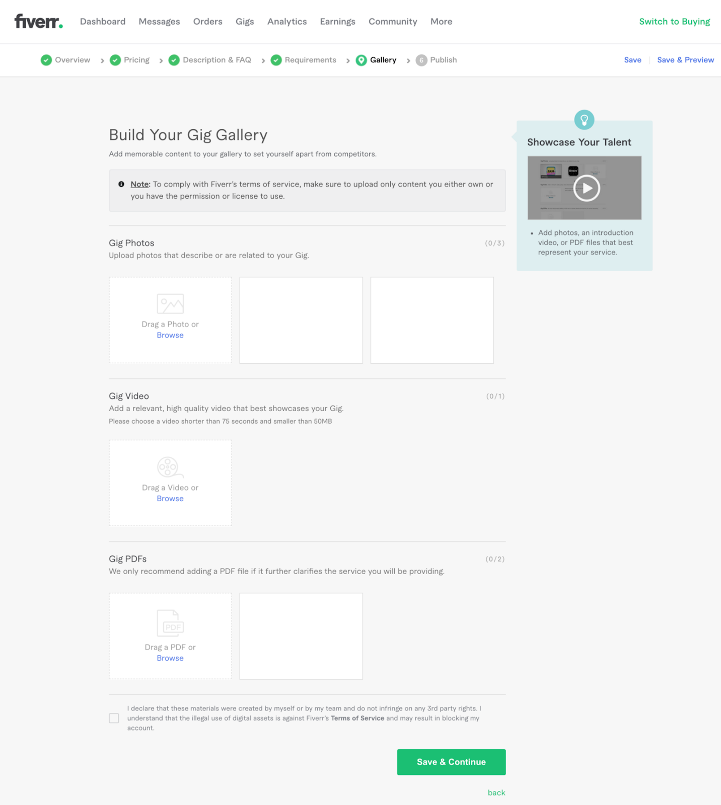 Step 5 in creating a gig on Fiverr. Build your gig gallery.