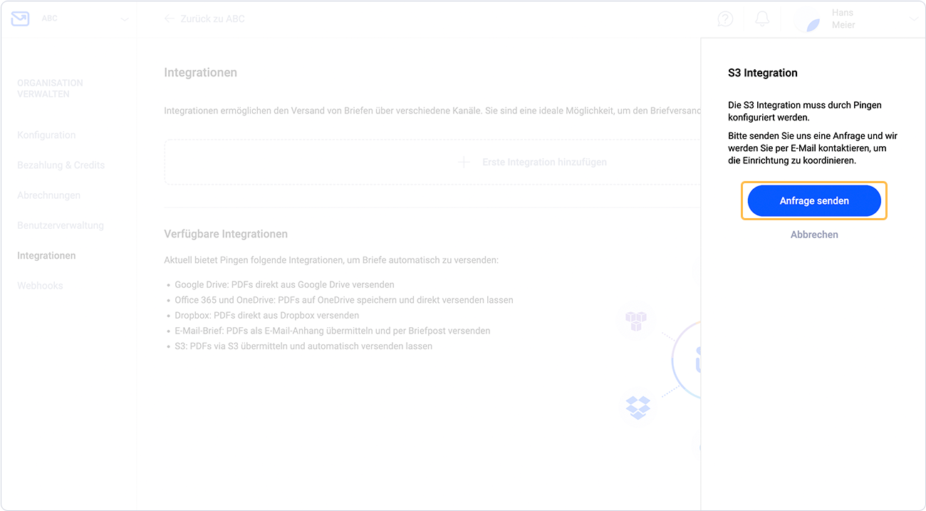 Anfrage zur S3 Integration senden