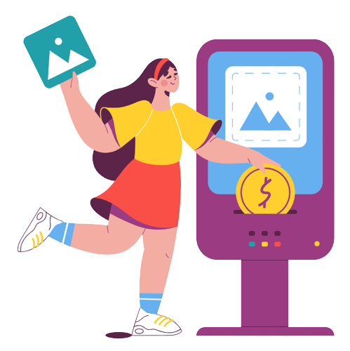 a person putting ina big coin into a digital kiosk to represent a secure checkout, digital illustration