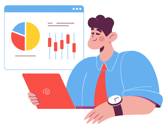 a person sitting at a laptop in business attire appearing to make a presentation on some data