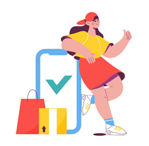 an illustration of a person standing next to a large sized phone with a big green checkmark on the screen, nad shopping bags on the ground at her feet, used to represent online campaigns