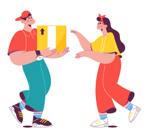 two people walking towards each other the person ont he left holding a package and the person on the right reaching out to grab the package