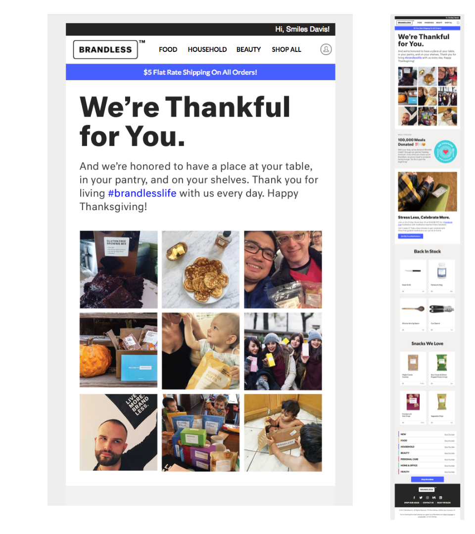 Email with the title "We're thankful for you" with photos of people and food