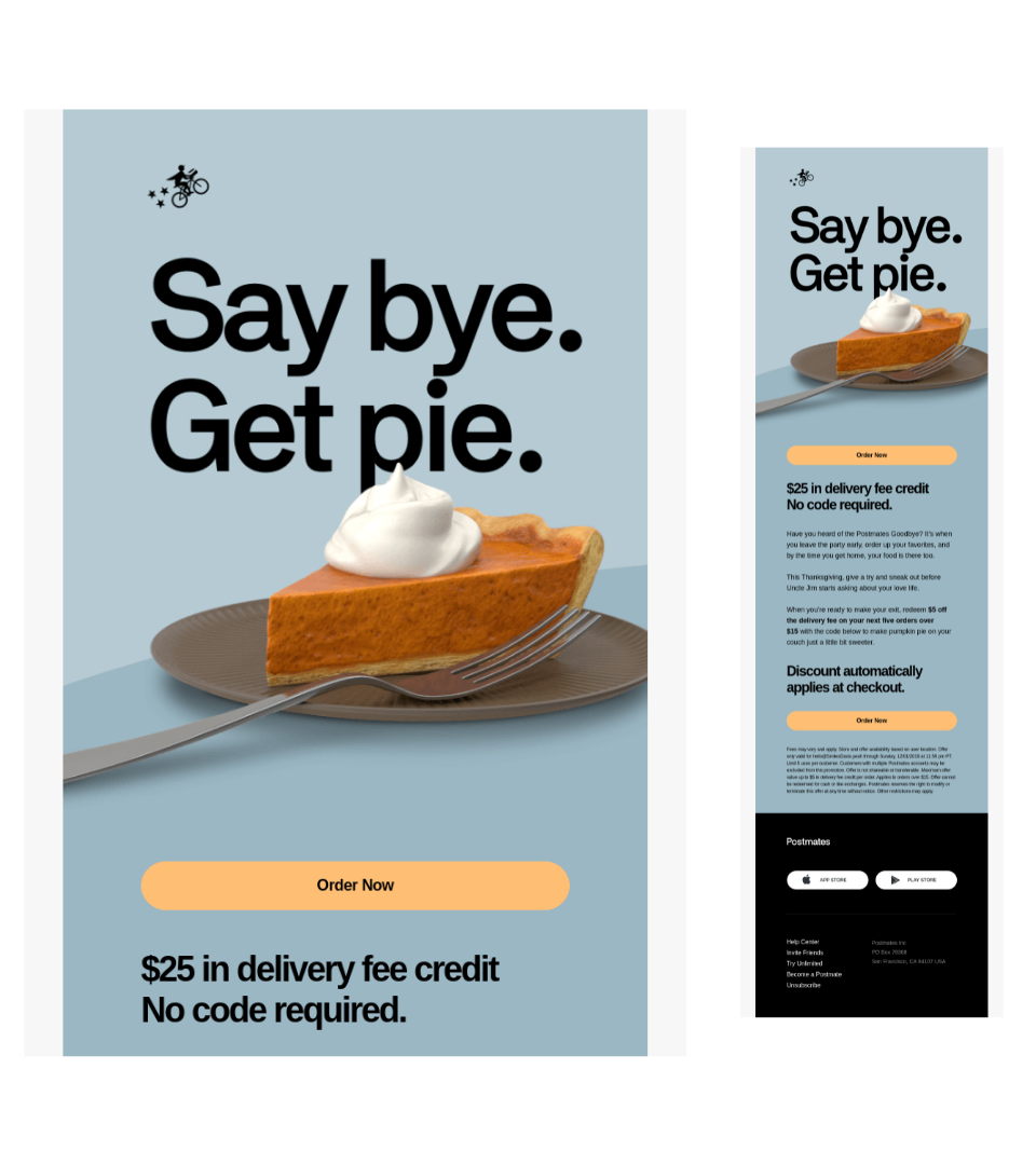 Email with title "Say Be. Get pie." and a large slice of pumpkin pie