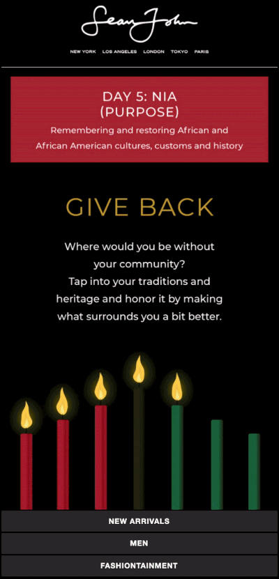 Email featuring Kwanzaa candles and the title "give back"