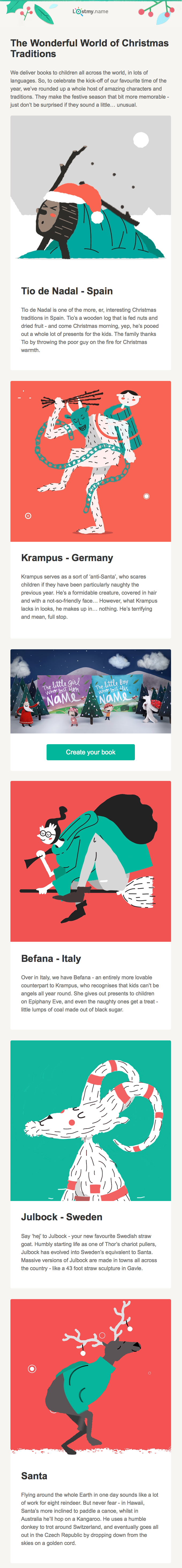 email featuring cartoonish drawings and the title "the wonderful world of christmas traditions"