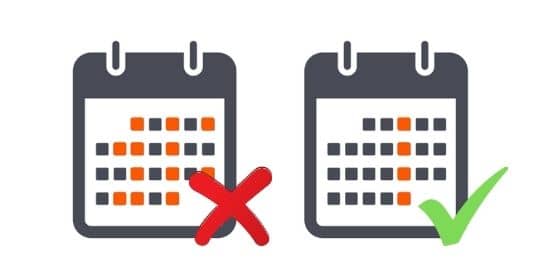 A calendar on the left with random dates highlighted and an X, next to a calendar on the right with a pattern of dates highlighted and a checkmark