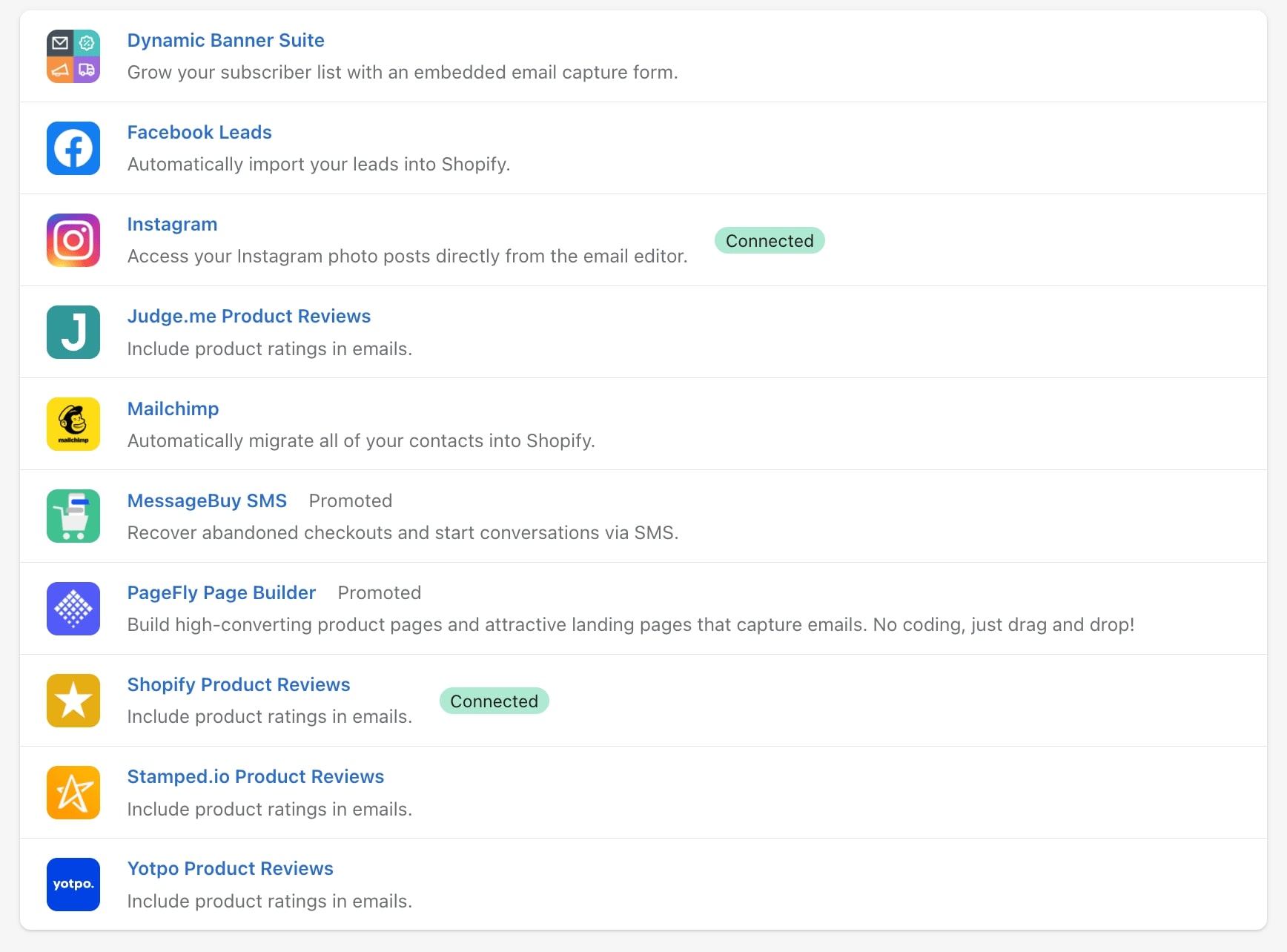 Screenshot of connections page, showing Dynamic Banner Suite, Facebook Leads, Instagram, Judge.me, Mailchimp, MessageBuy SMS, PageFly Page Builder, Shopify Product Reviews, Stampedio, Yotpo