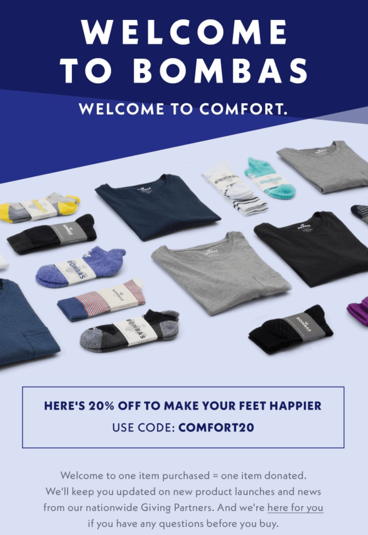 Welcome to Bombas email, featuring an image of shirts and socks, plus a 20% discount code