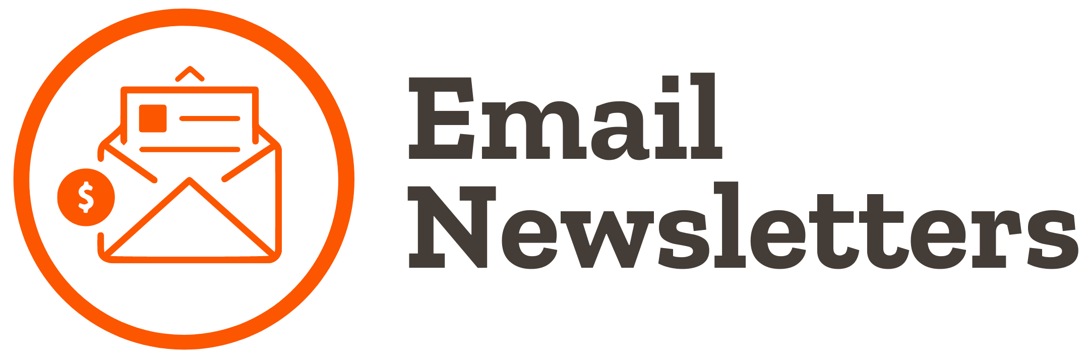 Icon of envelope with letter popping out of it, with written text to the right of it saying Email Newsletters