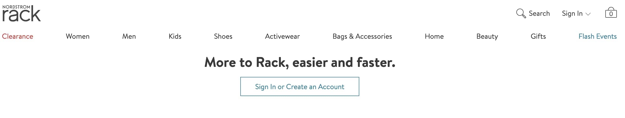 Nordstrom Rack's website header includes a button that says Sign in or create an account