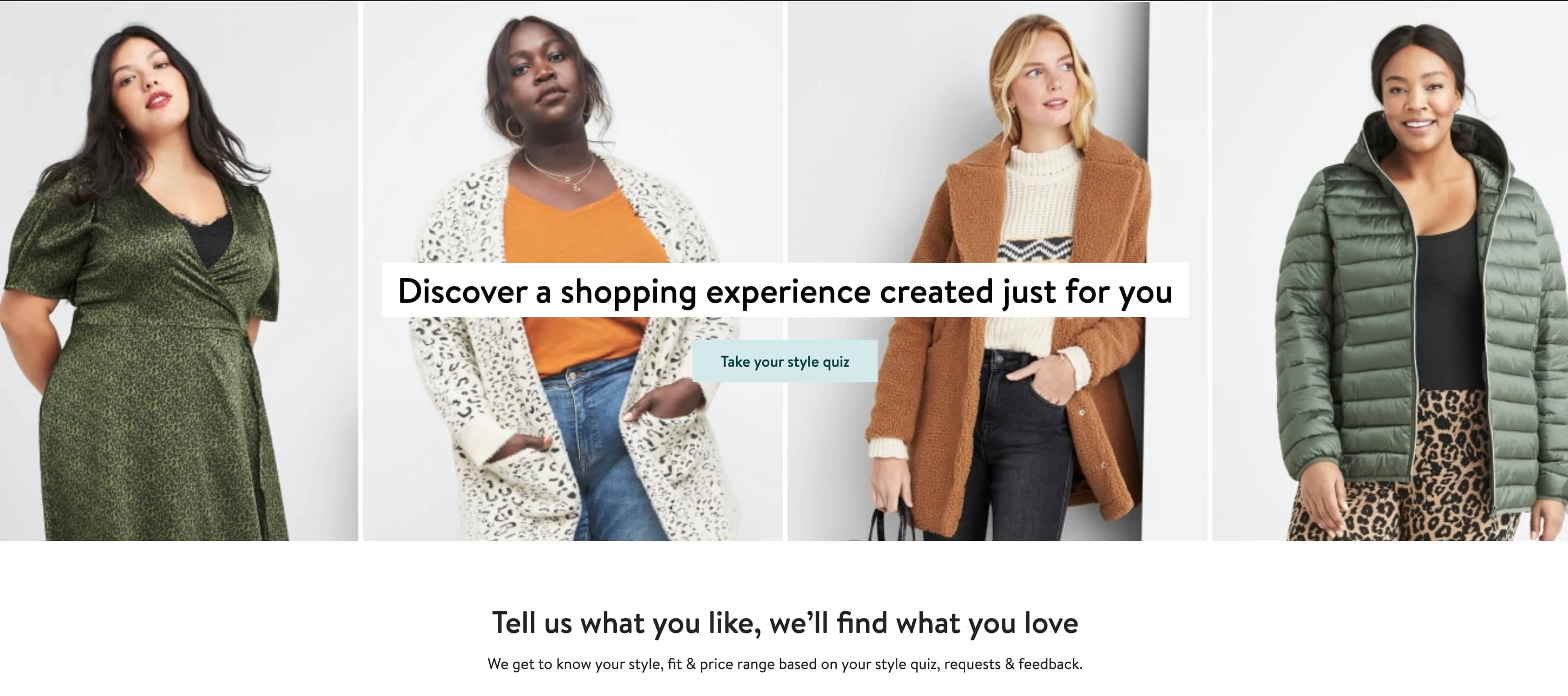 Website carousel showing four different women with text overlay of: Discover a shopping experience created just for you. take your style quiz