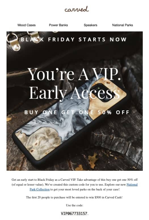 Image of a cell phone with gray and gold swirls with overlaid text: You're a VIP. Early access Buy one get one 50% off