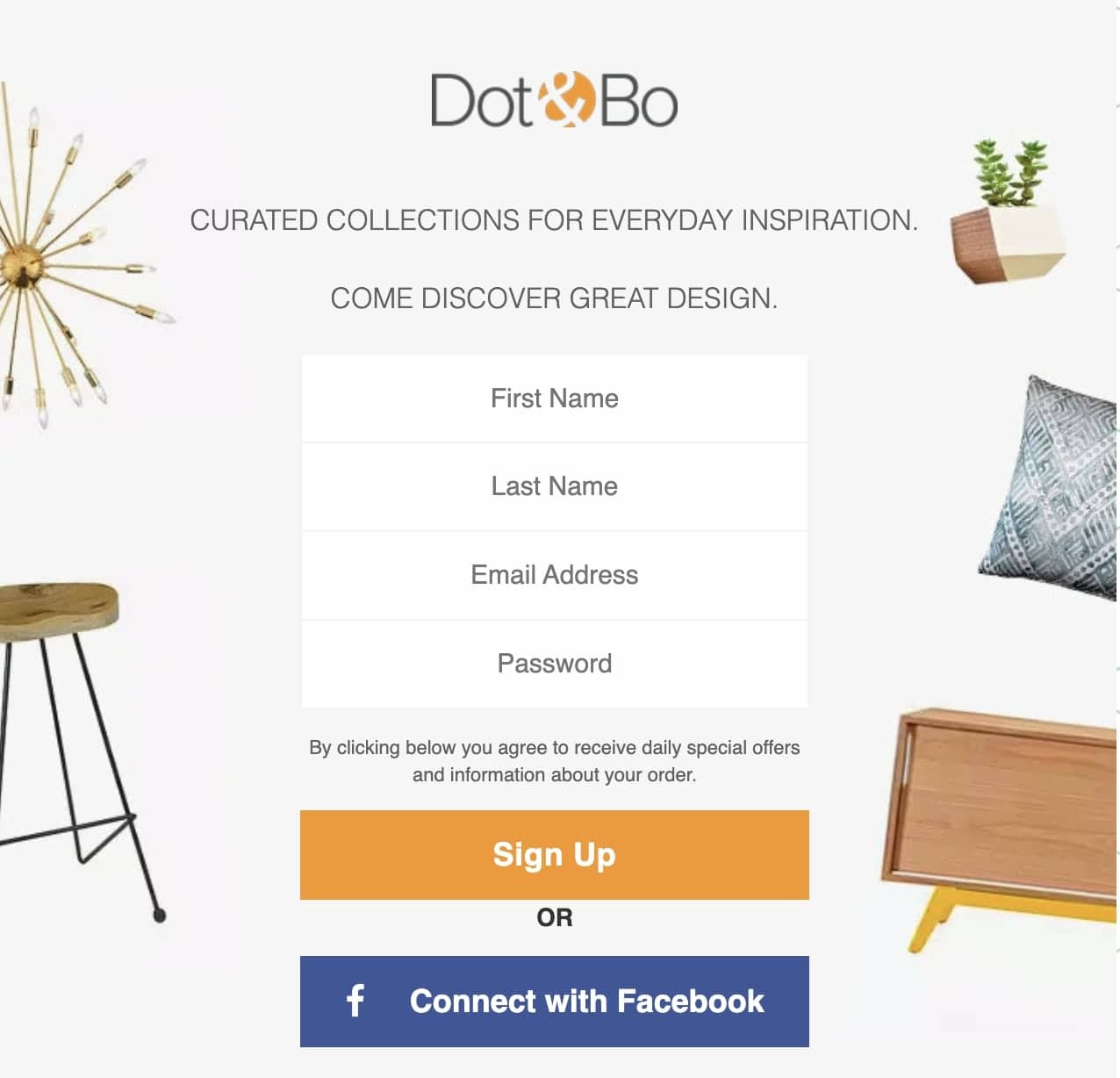 Signup form asking for first name, last name, email address and password