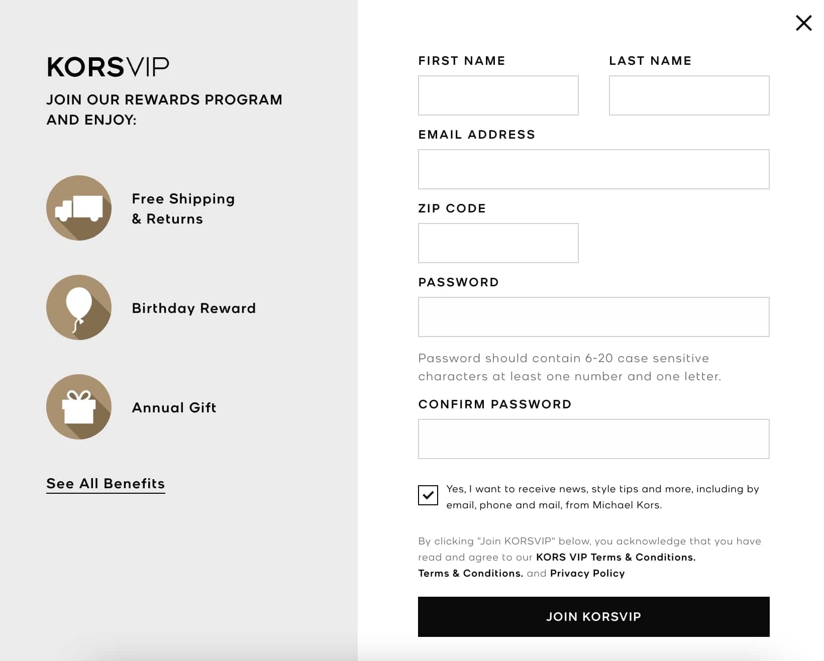 KORSVIP invitation with icons for free shiping & returns, birthday reward, and annual gift, with accompanying signup form