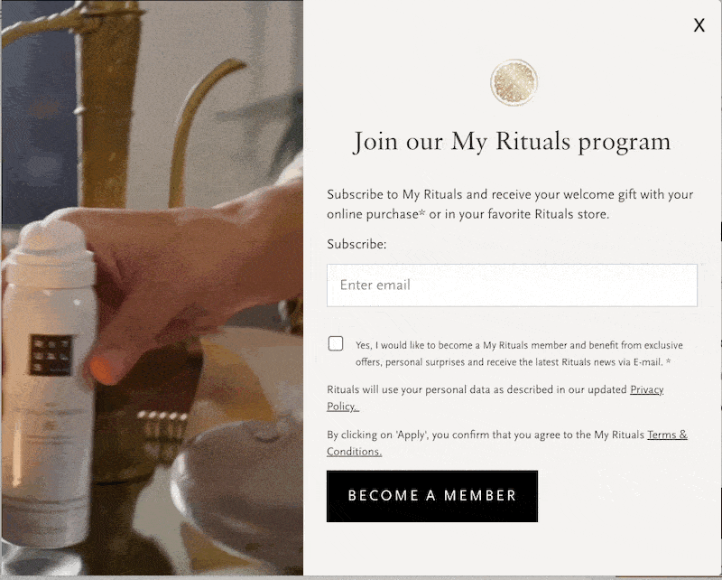 Video of a woman picking up a bottle of lotion, with accompanying text: Join our y Rituals program