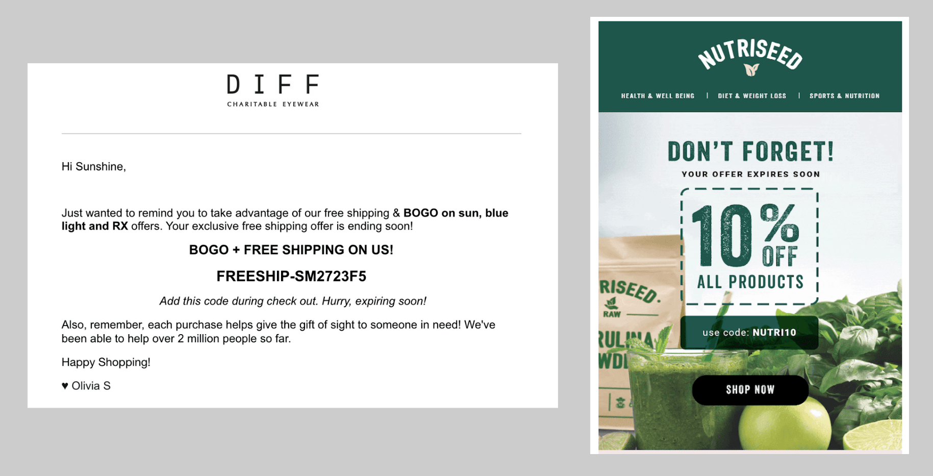 Text based email on the left and an image-focused email on the right, featuring a large photo of a green smoothie and 10% off all products announcement
