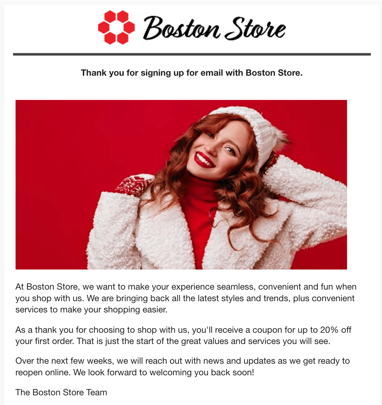 Photo of a woman in a hat and coat, and a welcome message