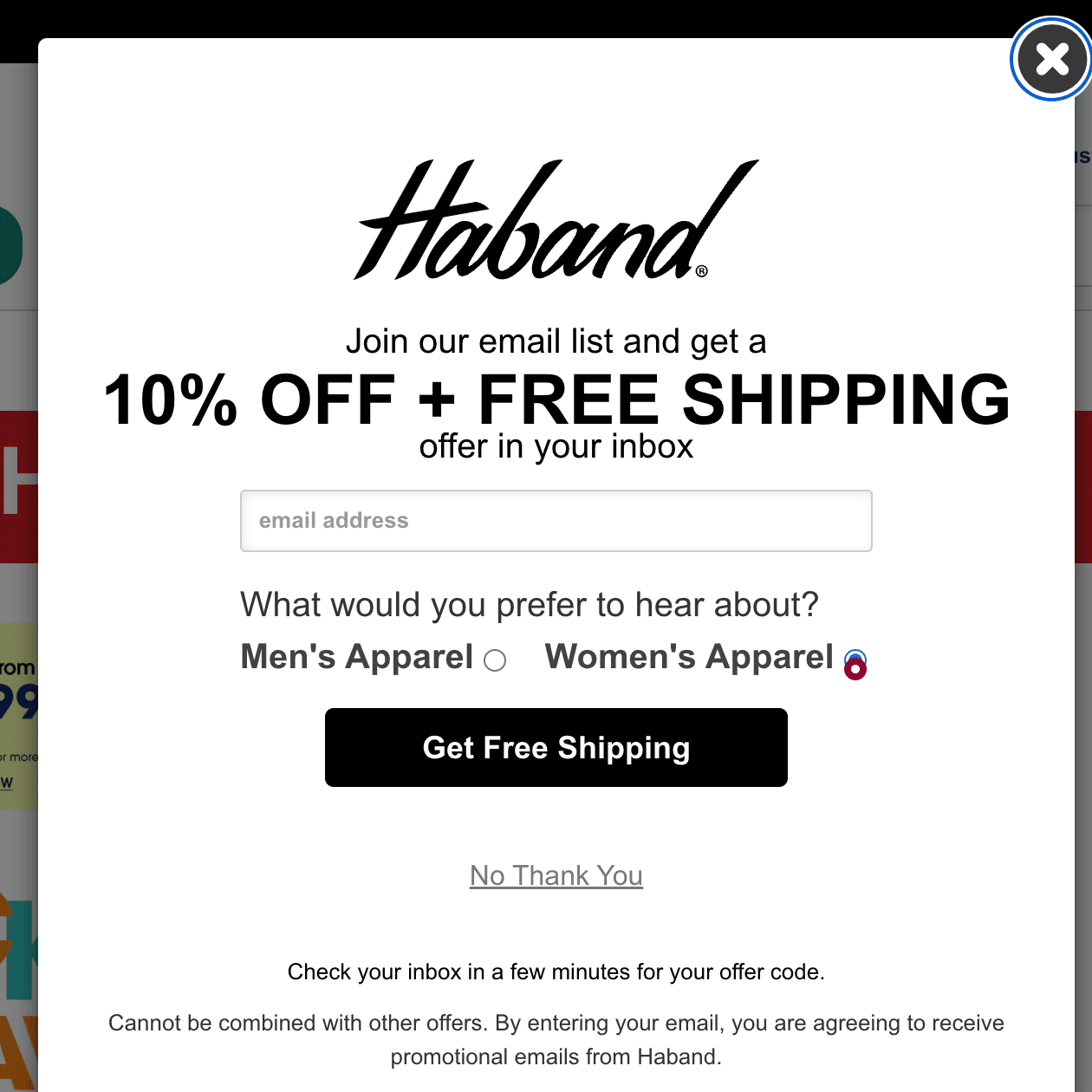 Popup from Haband with text: Join our email list and get a 10% off + free shipping offer in your inbox