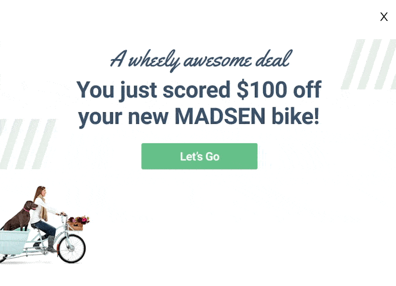 Graphic of a woman riding a bike that moves across the bottom, with text above: A wheely awesome deal