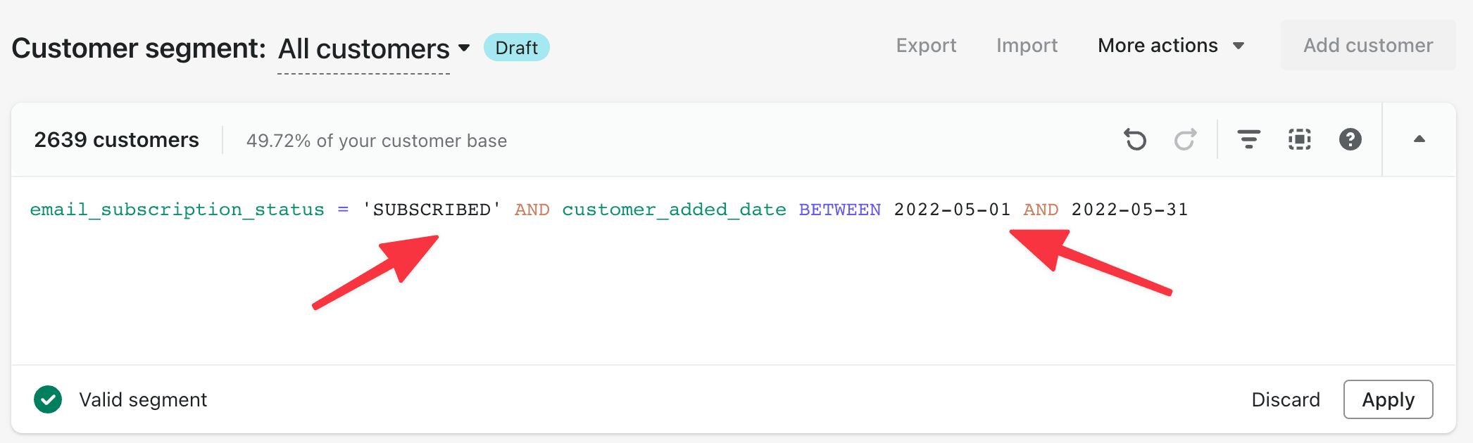 Screenshot of all customers customer segment, email subsription status = subscribed and customer added date between may 1 and may 31
