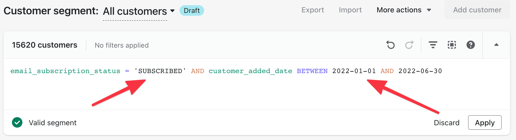 Screenshot showing all customers analytics, with red arrows pointing to "subscribed" filter and "added date" filter