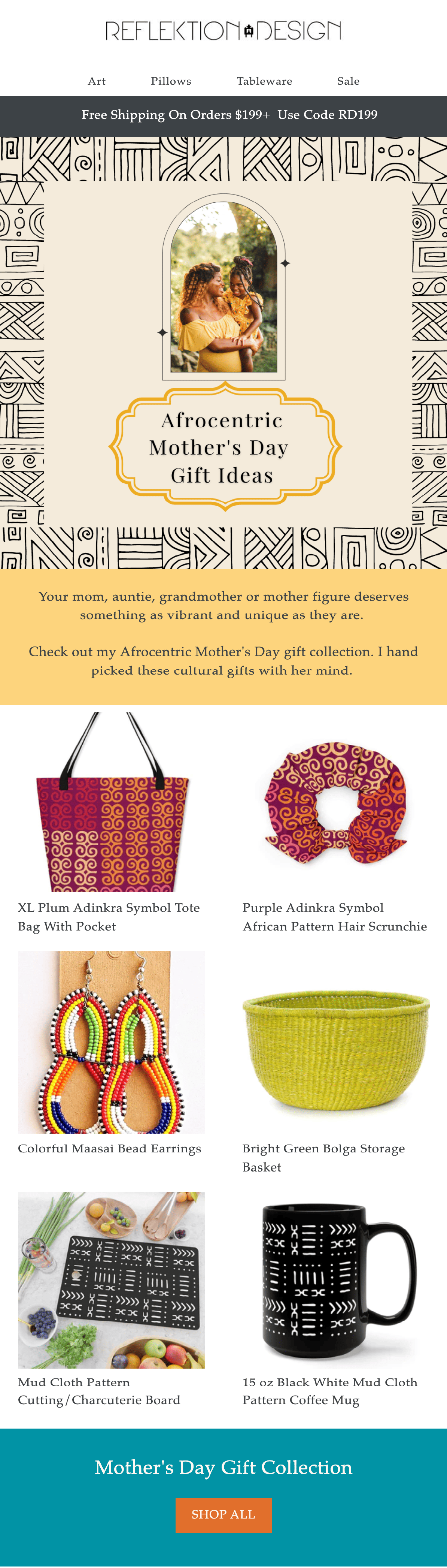 Email from Reflektion Design showing a woman holding a child, the title "Afrocentric Mother's Day Gift Ideas," and product photos of a bag, hair scrunchie and more