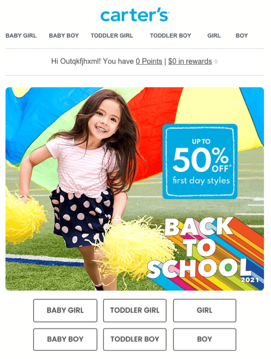 Email snippet featuring a child running with pom-poms and text of Back to School, as well as up to 50% off first day styles
