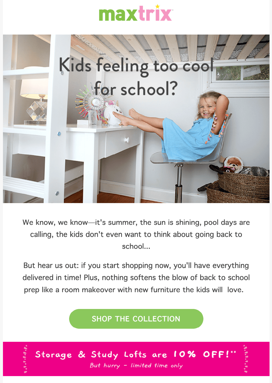 Email image with photo of a girl with feet up on a desk and hands behind head with language "kids feeling too cool for school?"