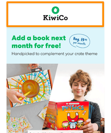 Email image showing a box around the KiwiCo logo, followed by "add a book next month for free!" and boy looking at a book