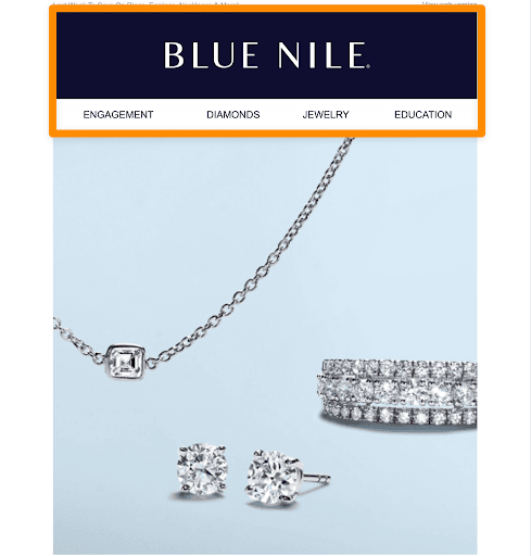 Email image showing a box around the Blue Nile logo and navigation menu, followed by image of a necklace, earrings and bracelet