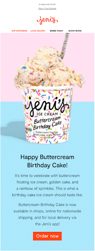 Image of an email featuring ice cream in a container with the title Happy Buttercream Birthday Cake!