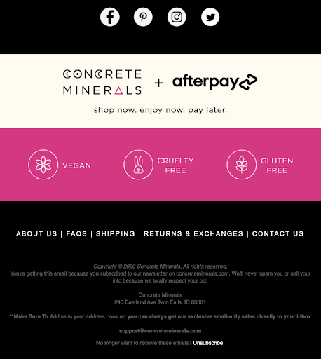Footer image showing social media icons, text of concrete minterals + afterpay, and icons for vegan, cruelty free and gluten free