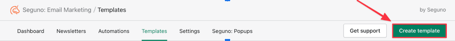 Screenshot of navigation bar, with arrow pointing to Create template button