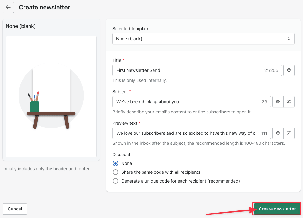 Screenshot showing create newsletter screenwith title, subject and preview text