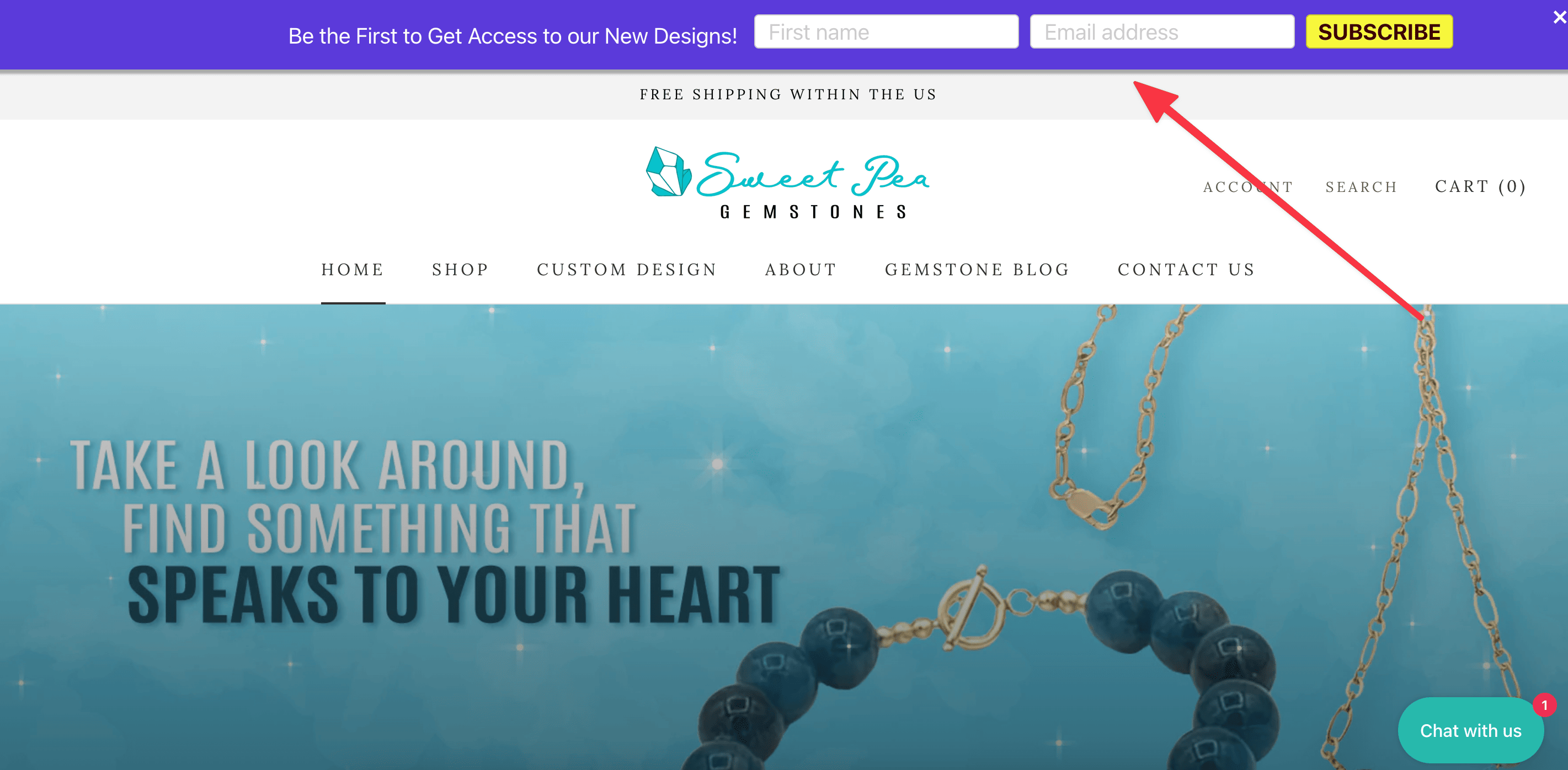Sweet Pea Gemstones website screenshot, with arrow pointing to purple banner at the top to fill in subscriber information