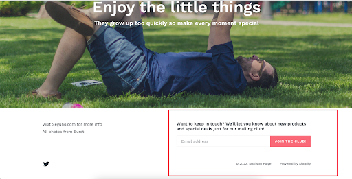 Image of man lying on the grass; below it is an email address signup with a red box around it
