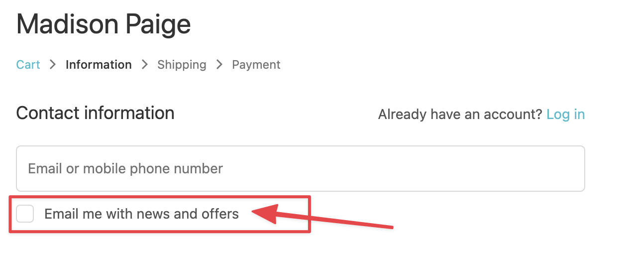 Screenshot showing an arrow pointing out "email me with news and offers" next to a checkbox