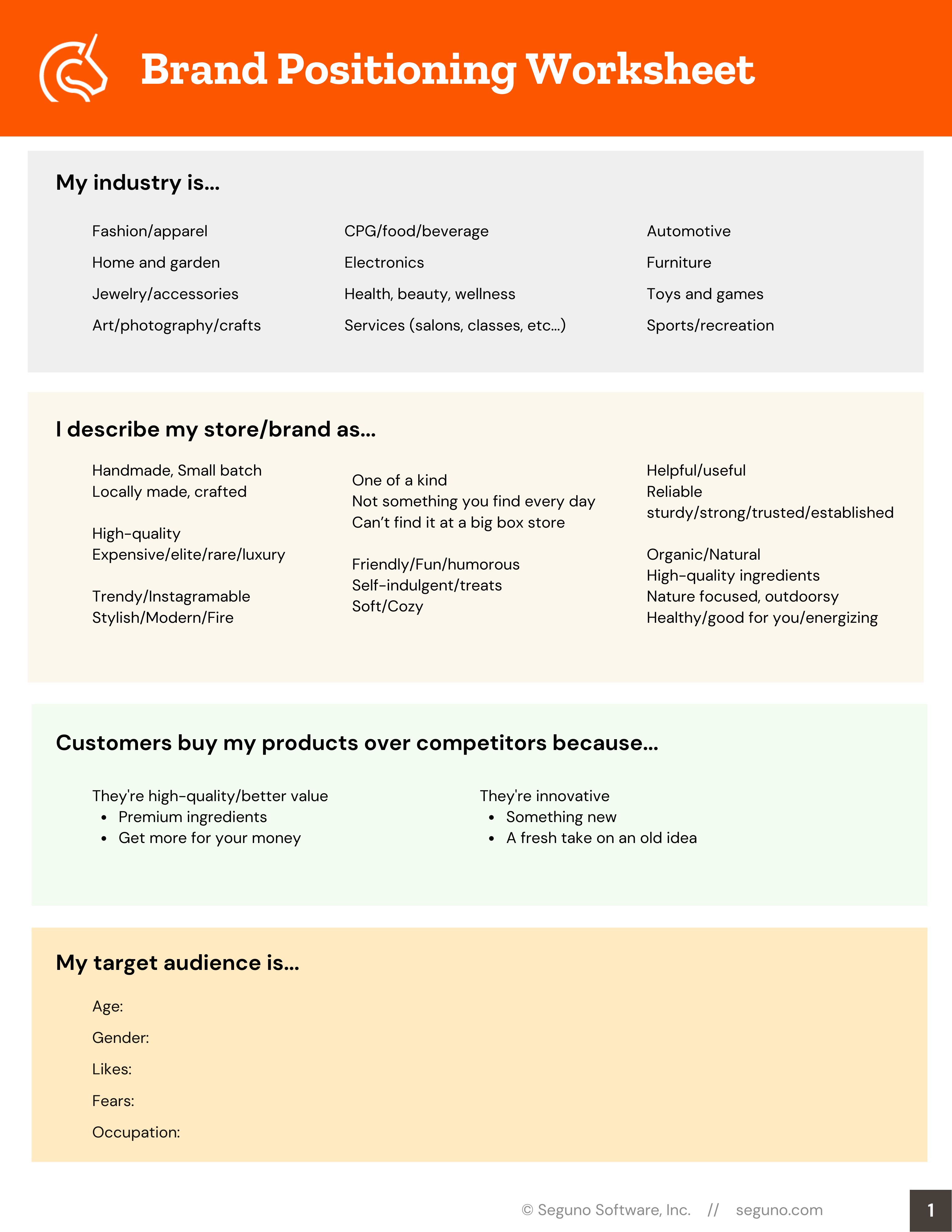 Screenshot of brand positioning worksheet, with sections "my industry is," i describe my store/brand as," "customers buy my products over competitors because" and "my target audience is"