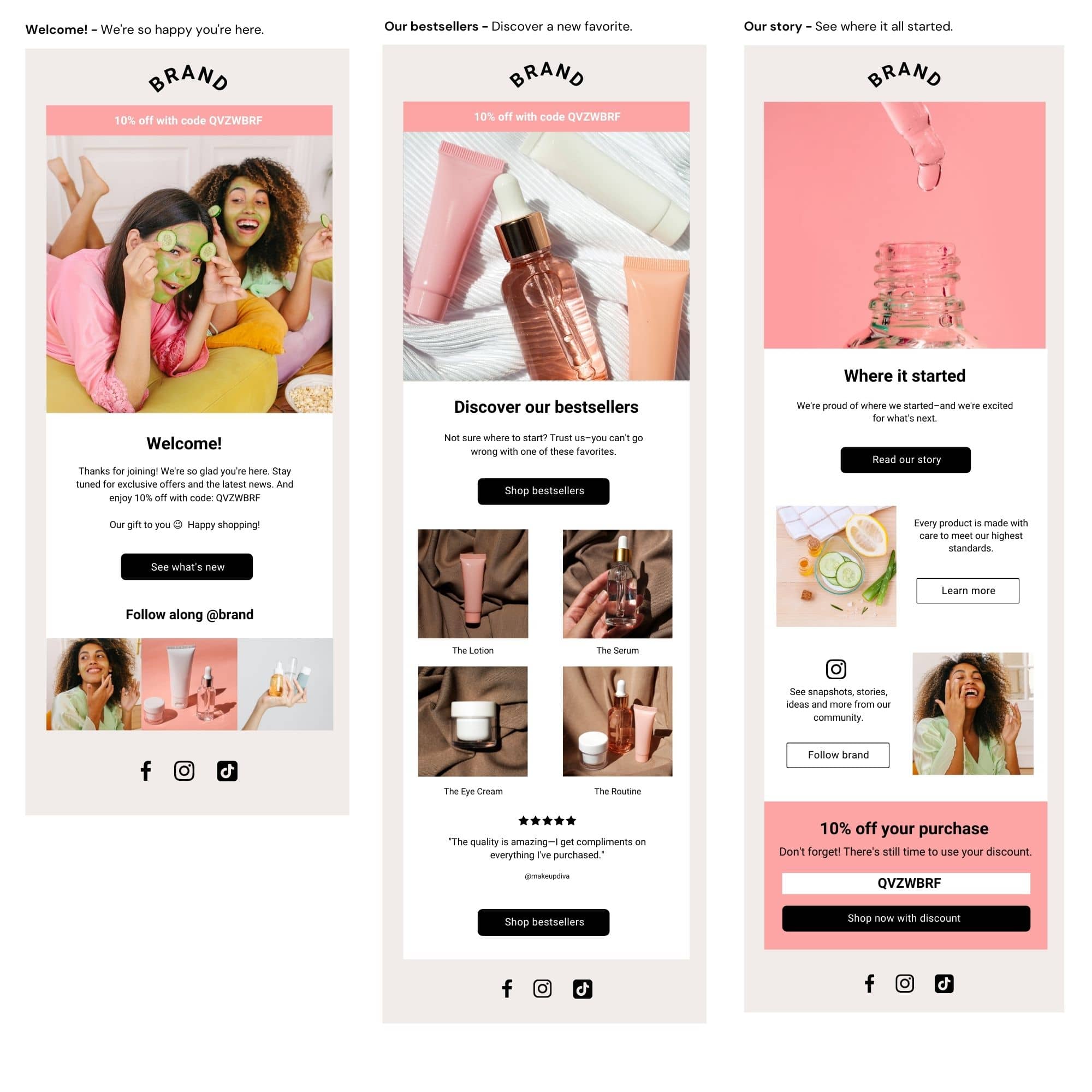 Three emails side by side, with the following titles Welcome!, Discover our bestsellers, and Where it started