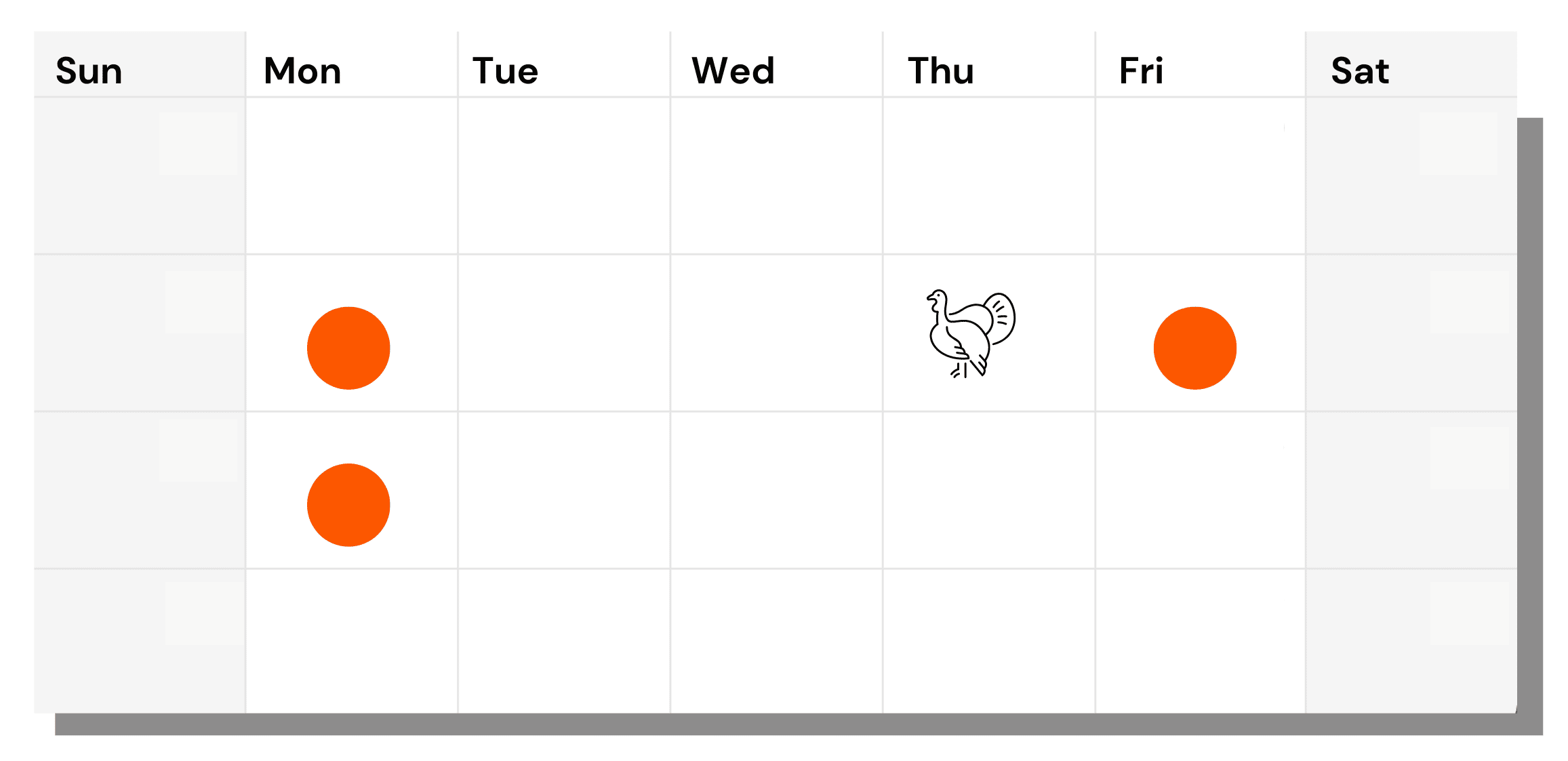 Calendar showing orange dots on the Monday before Thanksgiving, and Friday and Monday after Thanksgiving