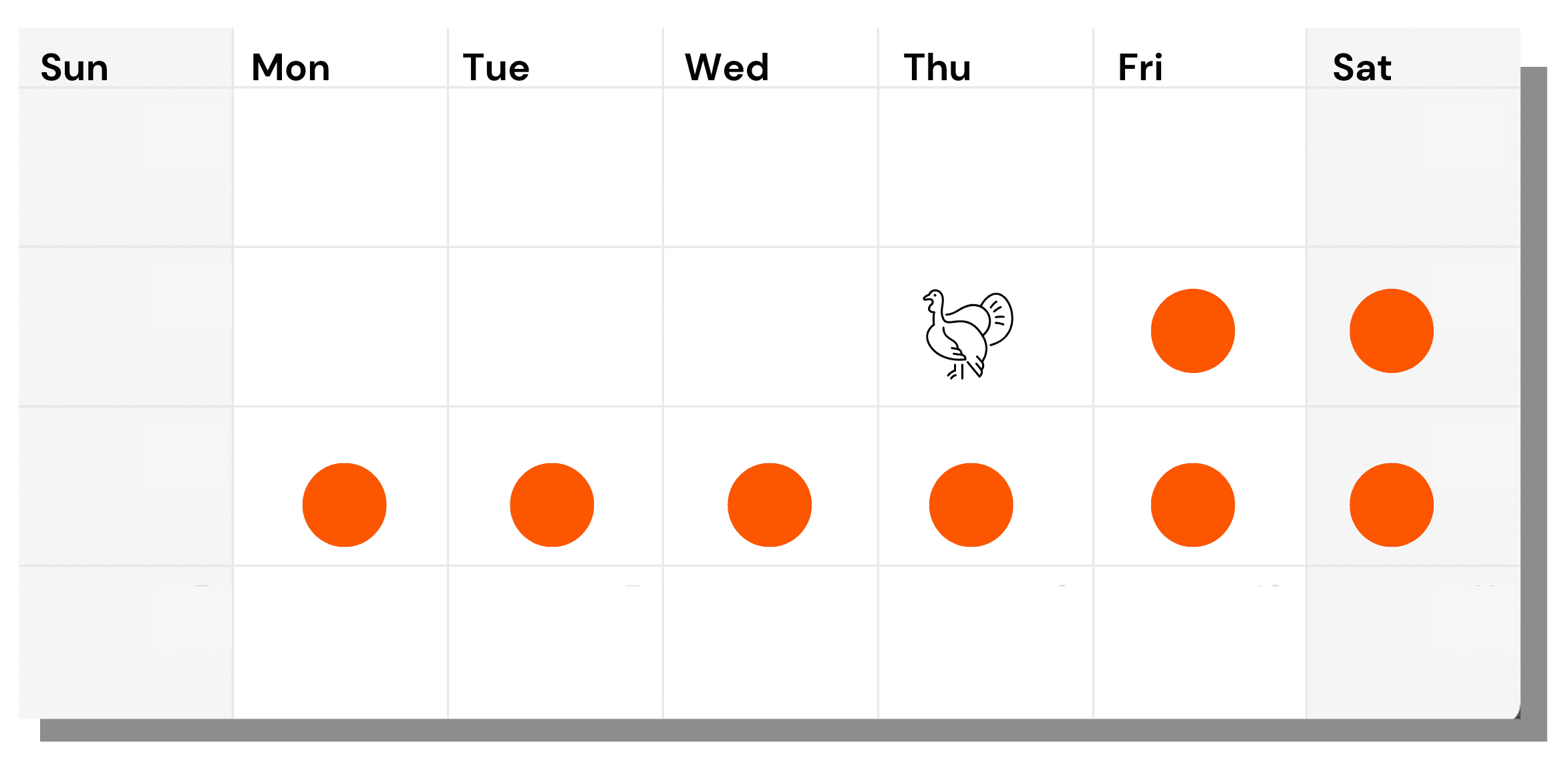 Calendar showing orange dots on Black Friday, Small Business Saturday, Cyber Monday, and the five days that follow