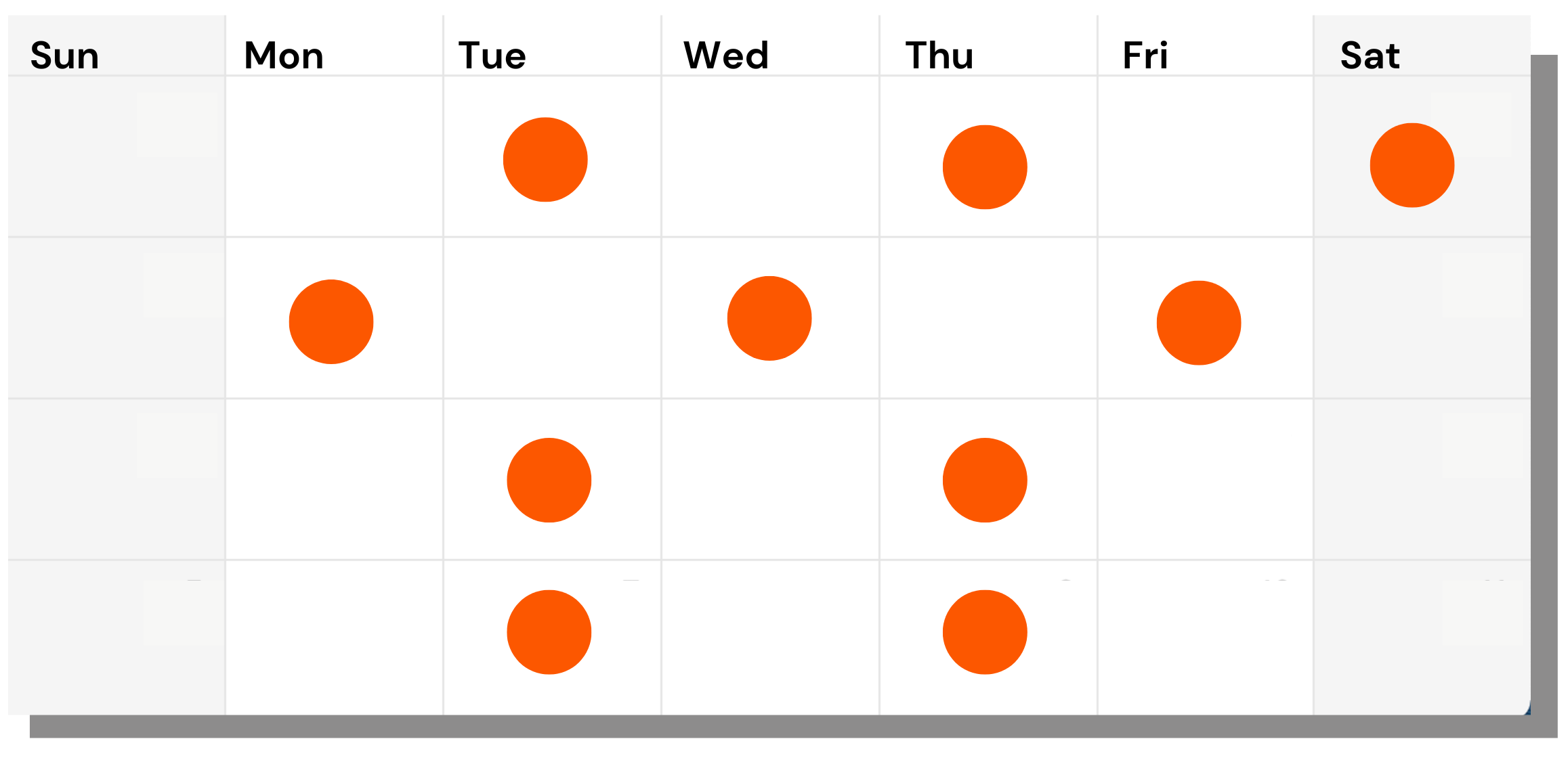 Calendar with orange dogs on three days a week for the first two weeks, then two days a week for the last two weeks