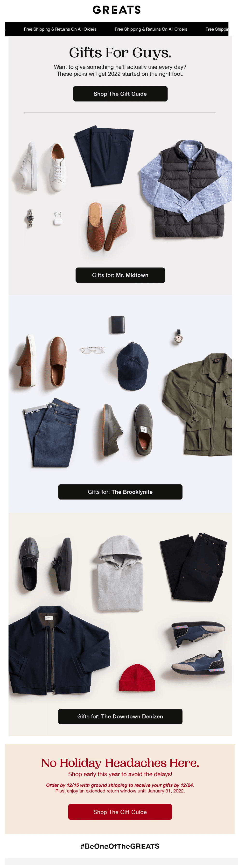 Email with the title "Gift for Guys" featuring photos of clothing and shoes paired together to compose outfits