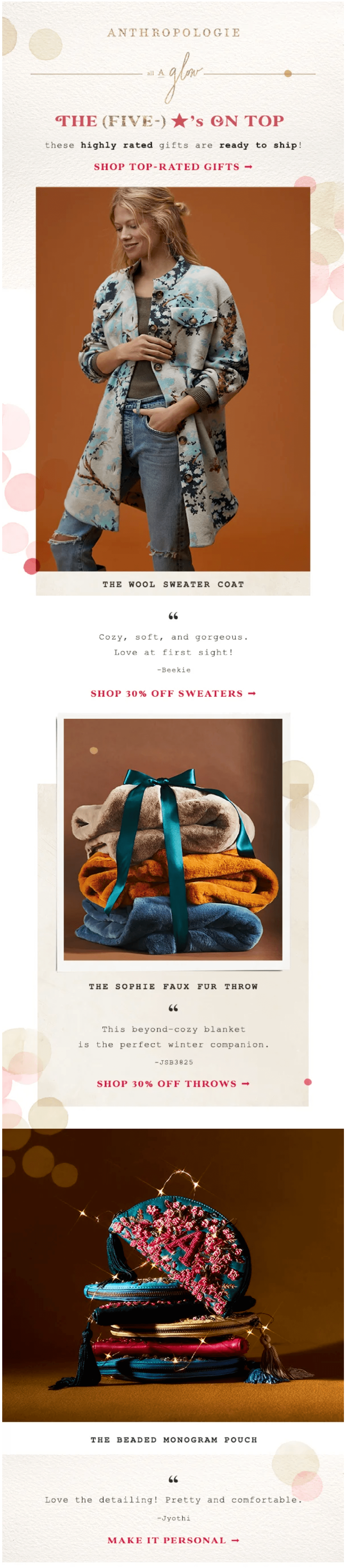 Email with text "The Five Stars on Top," followed by photos including a woman posed wearing a long shirt and jeans, a stack of blankets and more; all with testimonial quotes