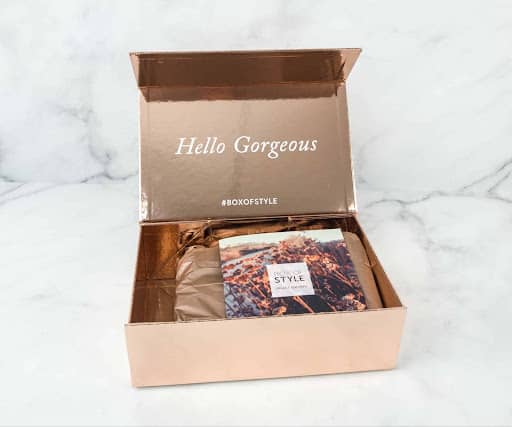 Box opened with the lid that says Hello Gorgeous; package inside with wording Box of Style