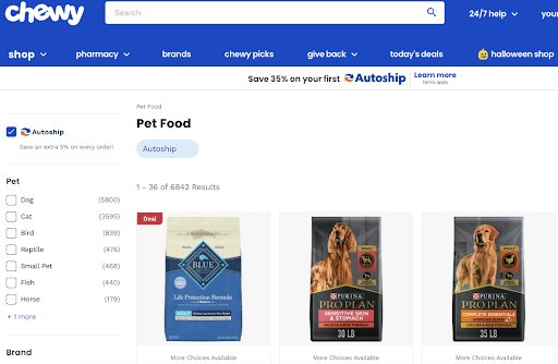 Chewy website capture of autoship page