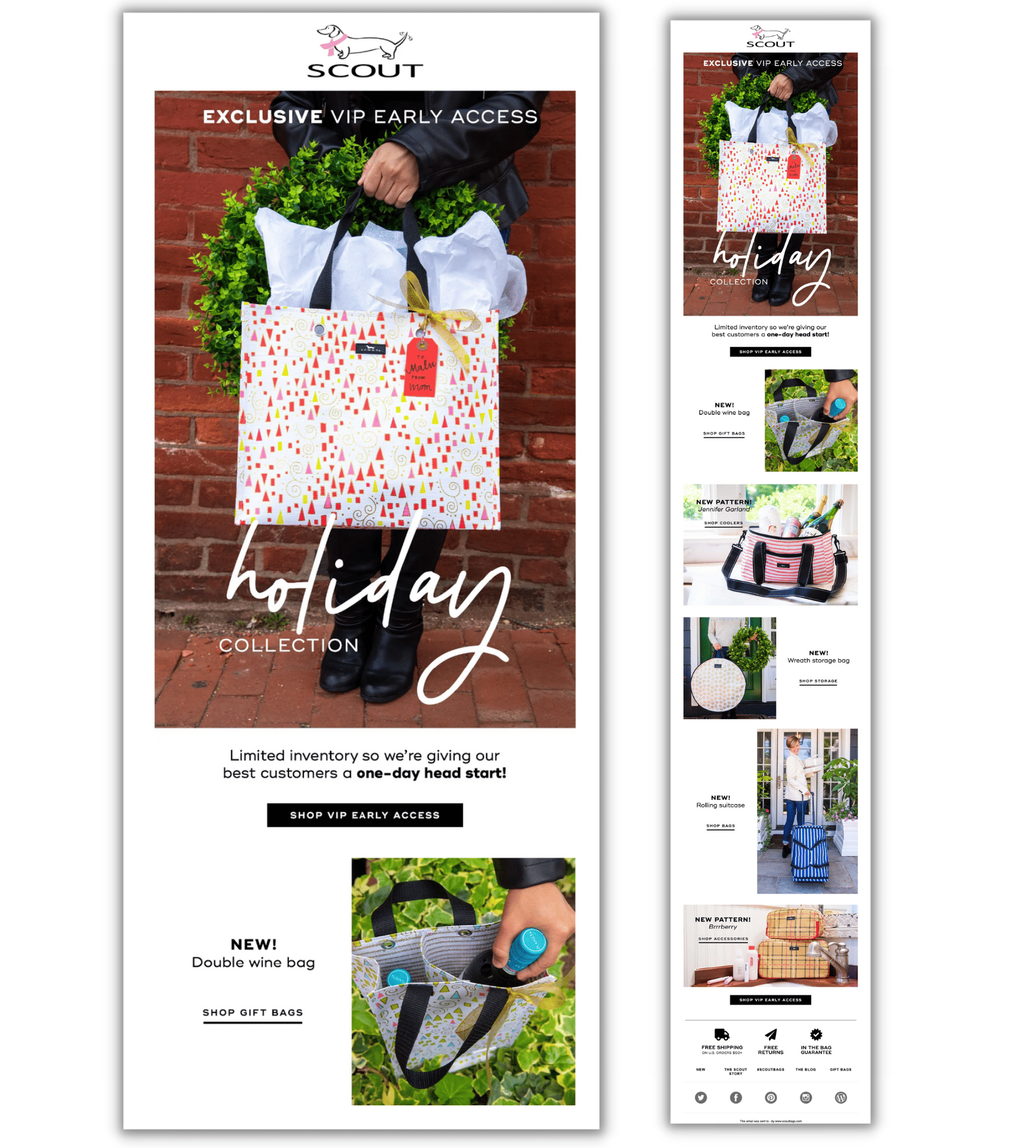 Email featuring someone holding a shopping bag, overlaid with the title "exclusive VIP early access holiday collection"