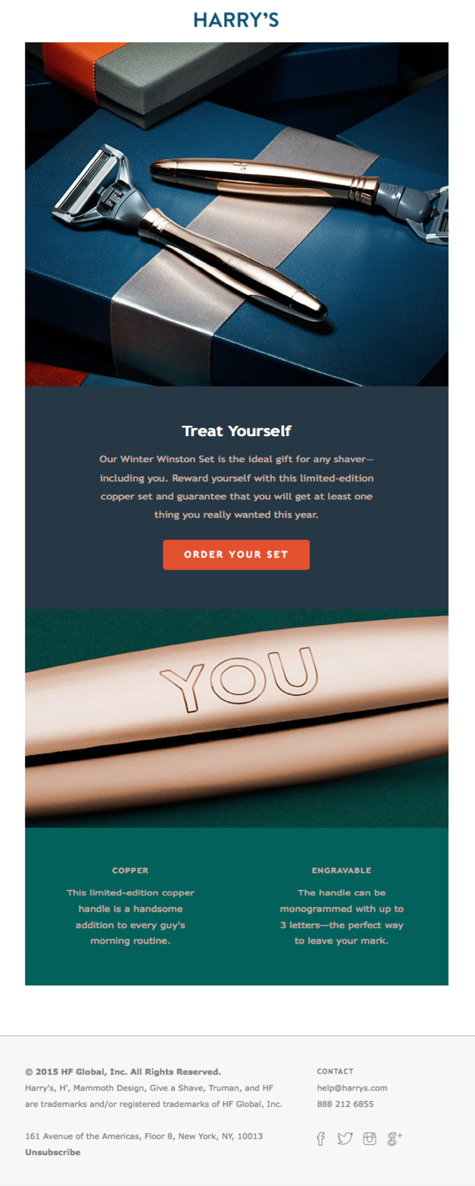 Email with the image of razors on a box, and accompanying text: treat yourself