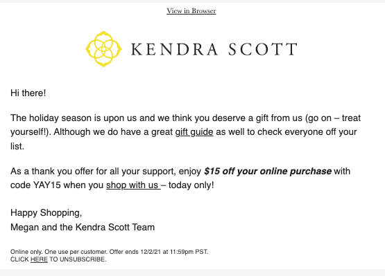 Email with the Kendra Scott logo at top, followed by a short note of two paragraphs